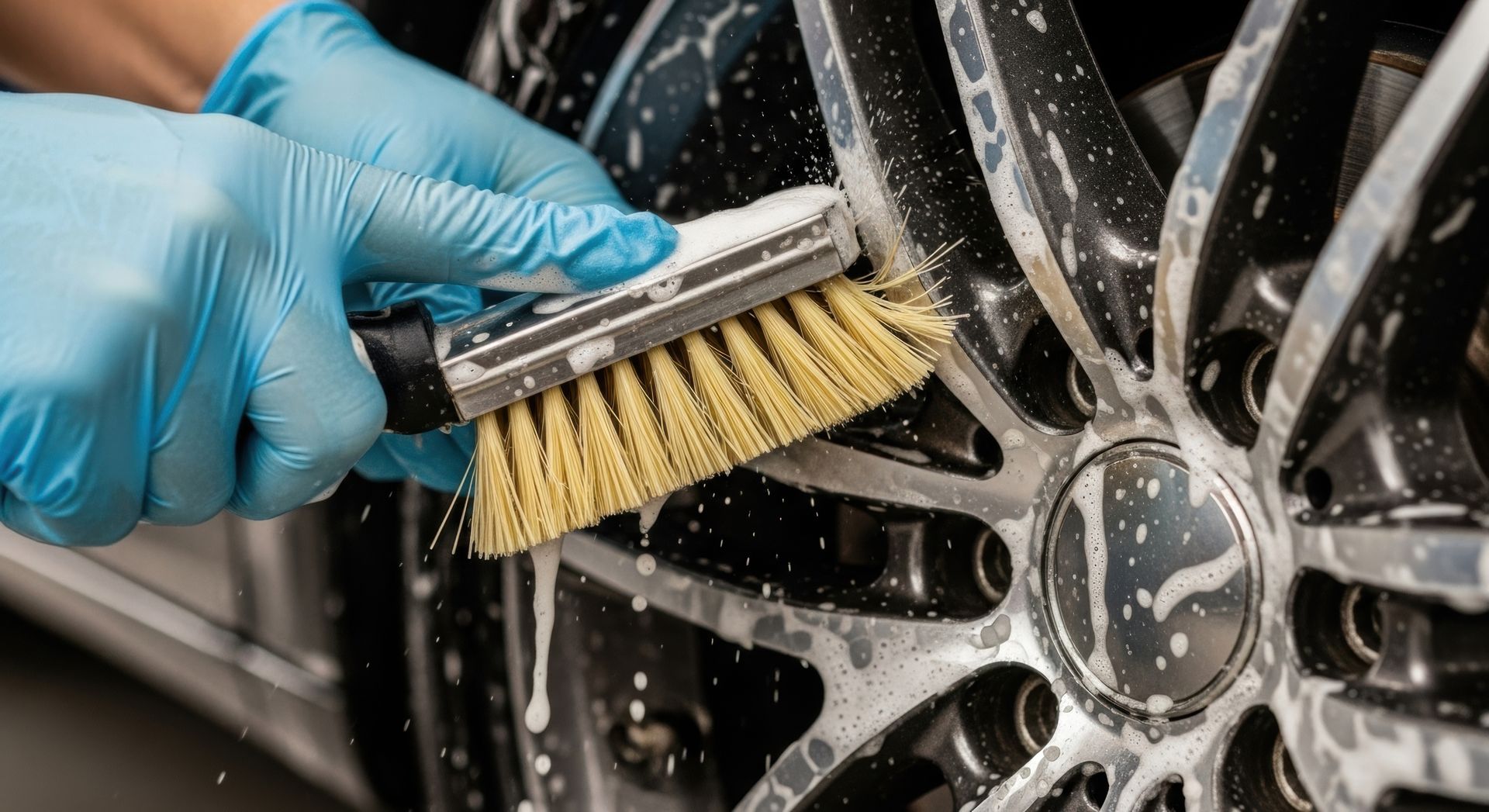 Des mains gantées en bleu frottent la roue noire et argentée d'une voiture avec une brosse.