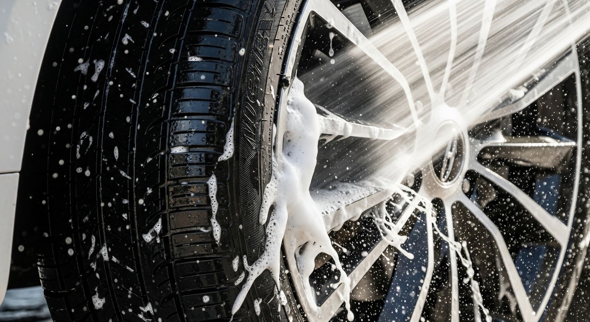 Pneu et jante de voiture noirs aspergés de savon de lavage de voiture blanc mousseux.