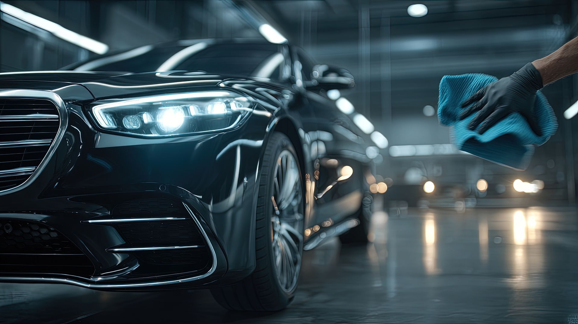 Voiture noire polie dans un atelier de detailing. Main gantée, tissu bleu ; phares aveuglants.