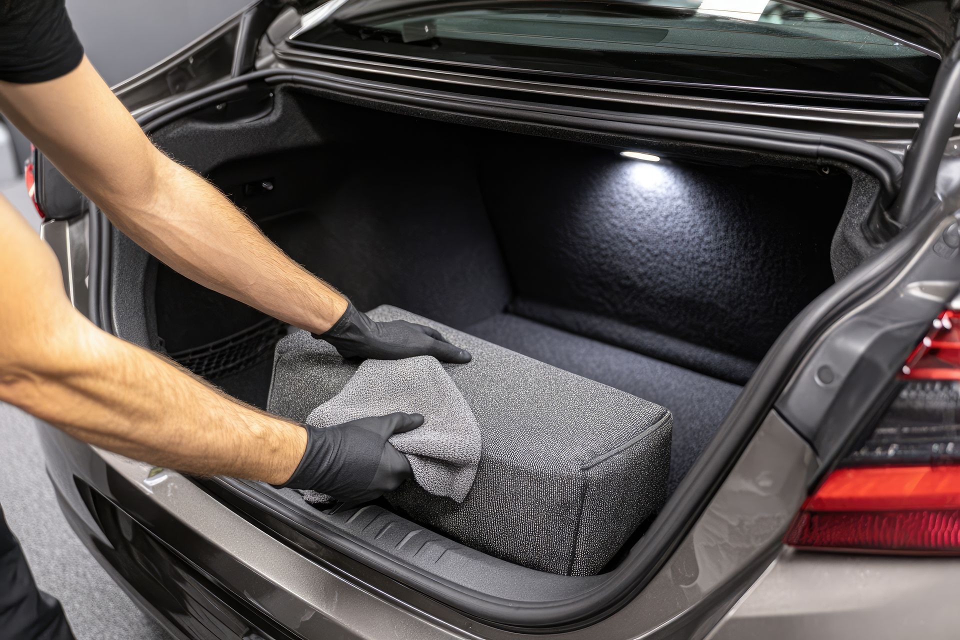 Une personne portant des gants nettoie le coffre d'une voiture avec un chiffon.