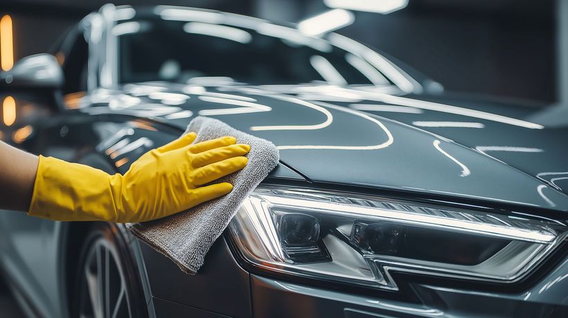 Une personne portant des gants jaunes polit un capot de voiture gris avec un chiffon en microfibre.