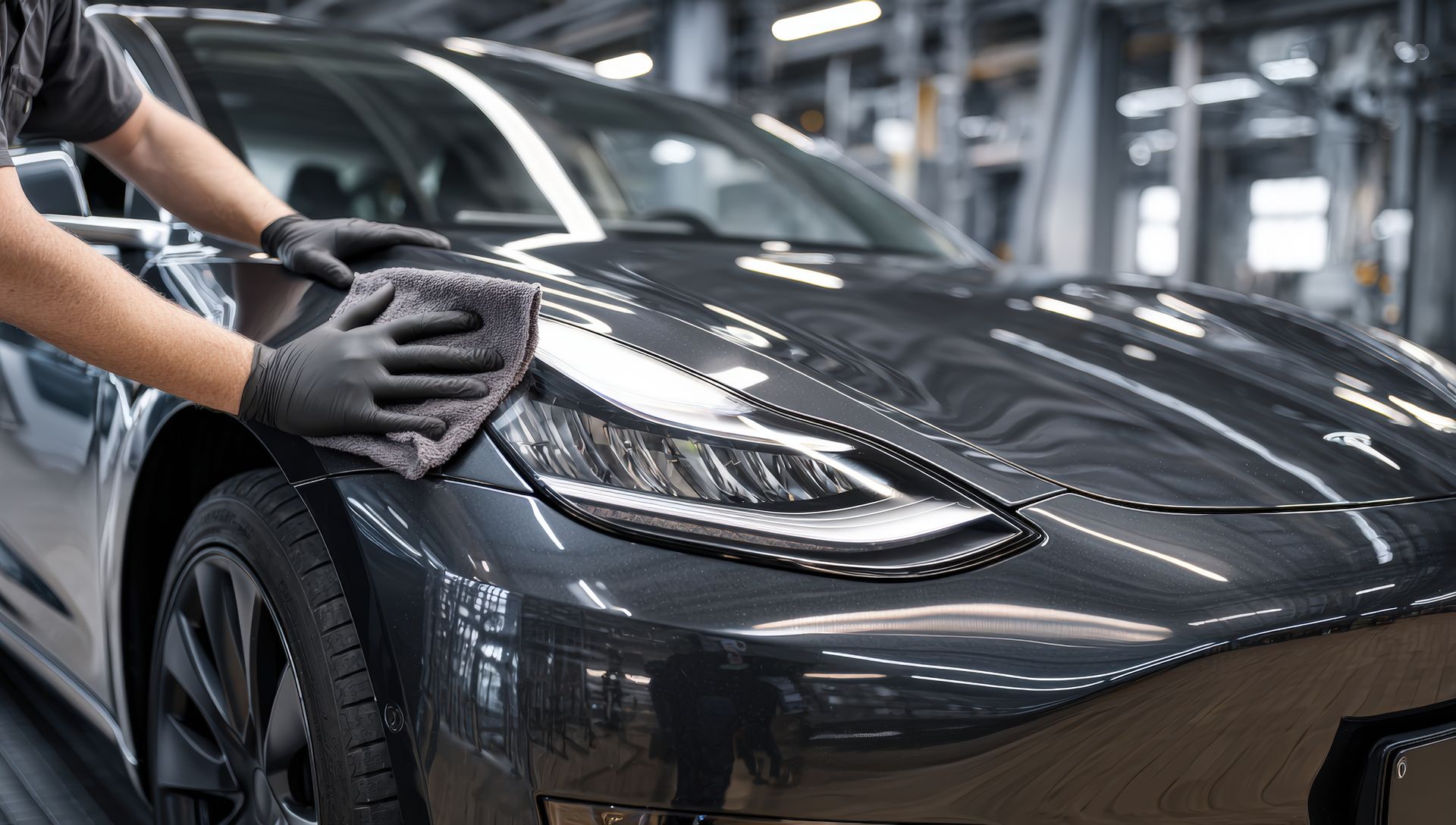 Une personne portant des gants essuie une voiture Tesla noire brillante dans un atelier.