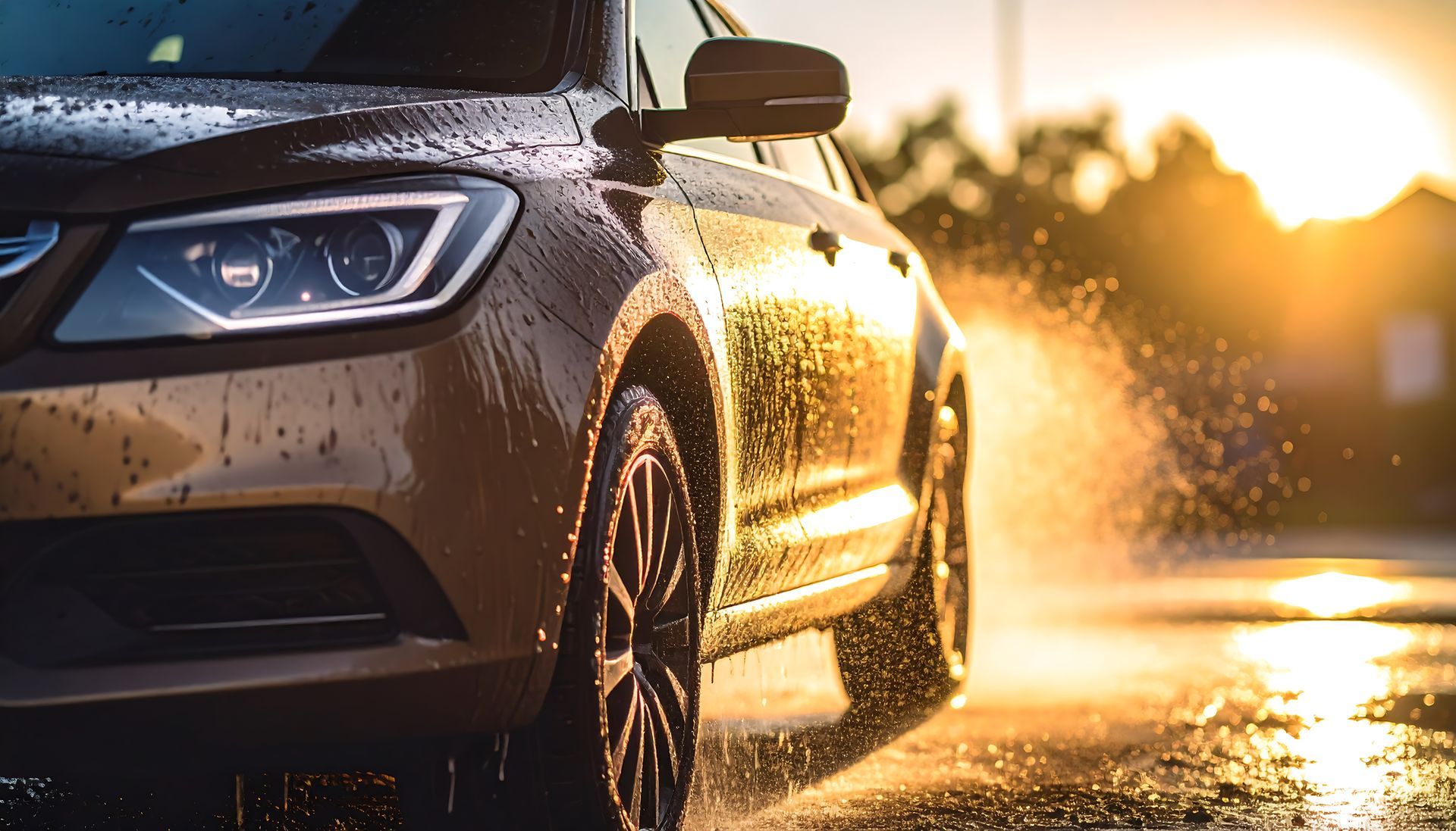 Voiture dorée éclaboussée d'eau au soleil.