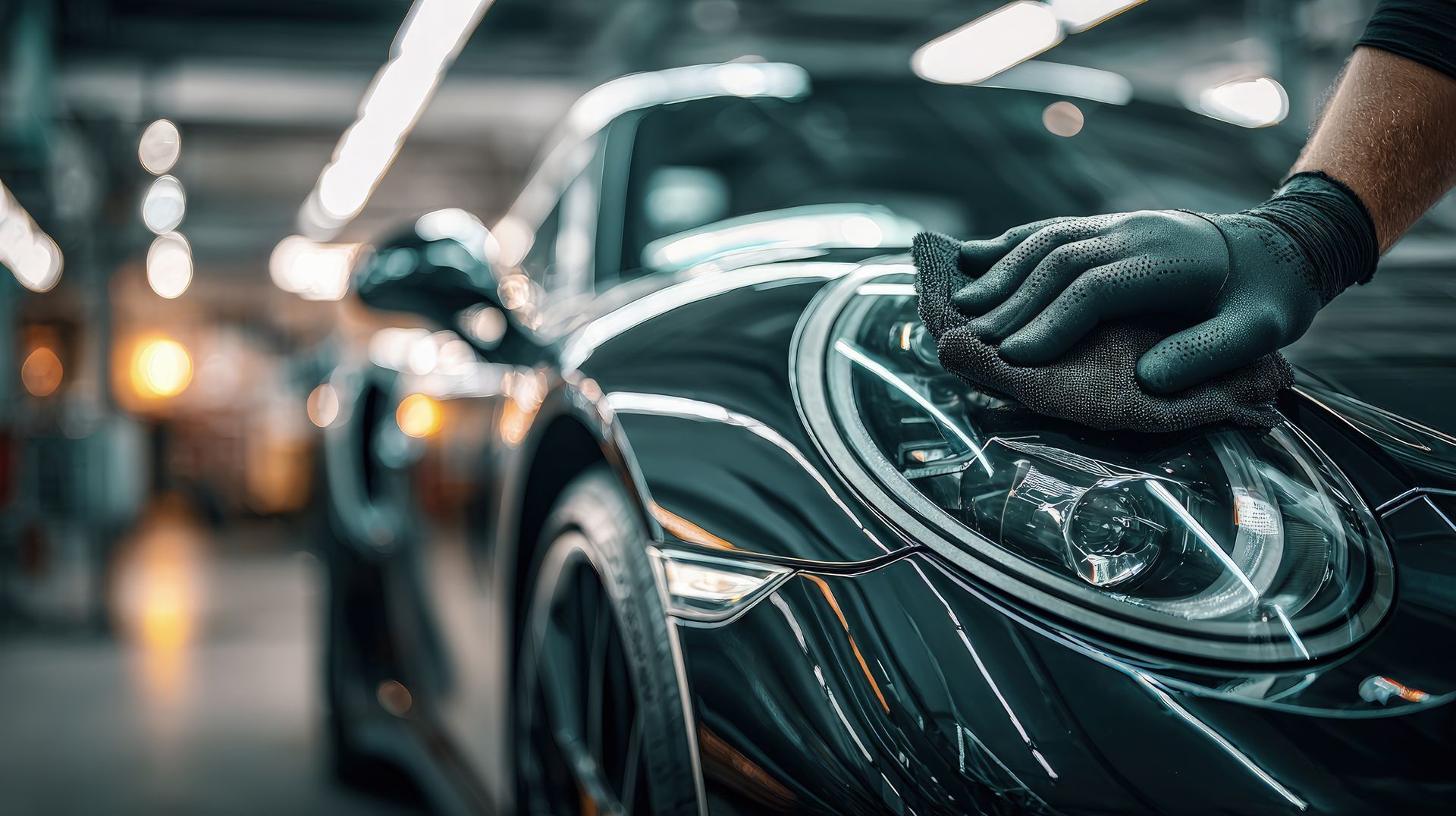 Main portant un gant noir essuyant le capot brillant d'une voiture sombre, probablement une Porsche, dans un garage.