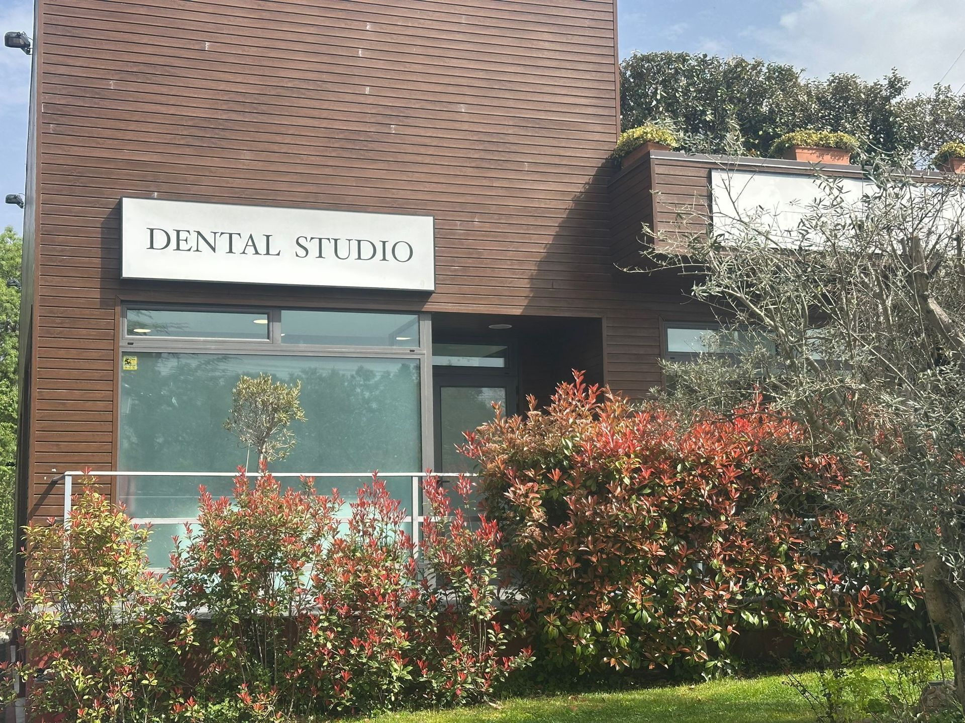 Fachada de un estudio dental con fachada de ladrillo, ventana de cristal y arbustos rojos en flor en la parte delantera.