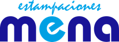 Logo de “estampaciones mena” en azul, con “estampaciones” en cursiva y “mena” en letras grandes.
