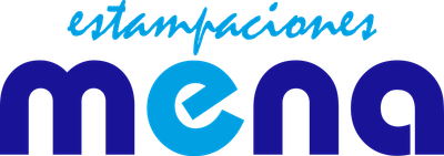 Logo de “estampaciones mena” en azul, con “estampaciones” en cursiva y “mena” en letras grandes.