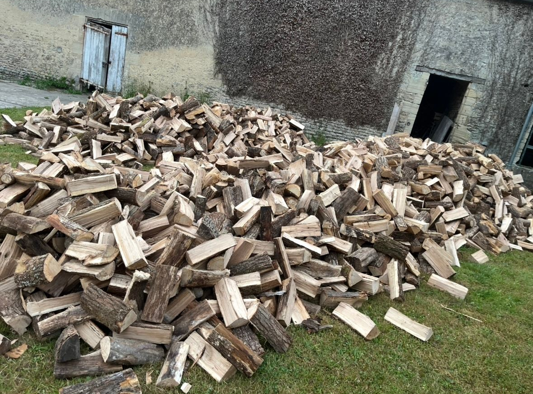 Un grand tas de bûches fendues éparpillées sur une allée pavée, à côté d'un mur de garage blanc.