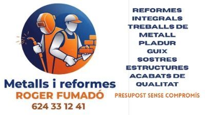 Logotipo de Metalls i reformes: c&iacute;rculo naranja con un trabajador, texto azul.