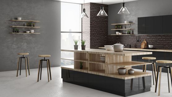 Moderne Küchenzeile im Industrial-Look mit Wand- und Bodenbelägen von Edi Keramik GmbH.