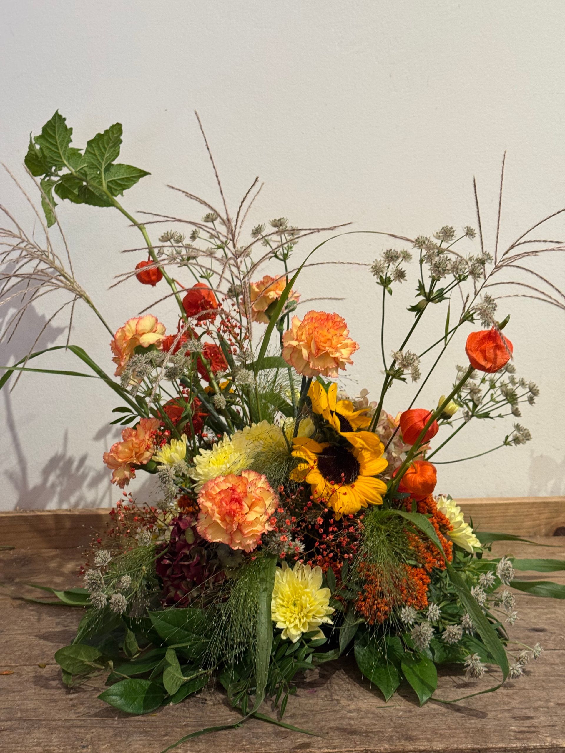 Zarte Blumenkomposition mit Wiesenblumen und Gräsern vor hellem Hintergrund