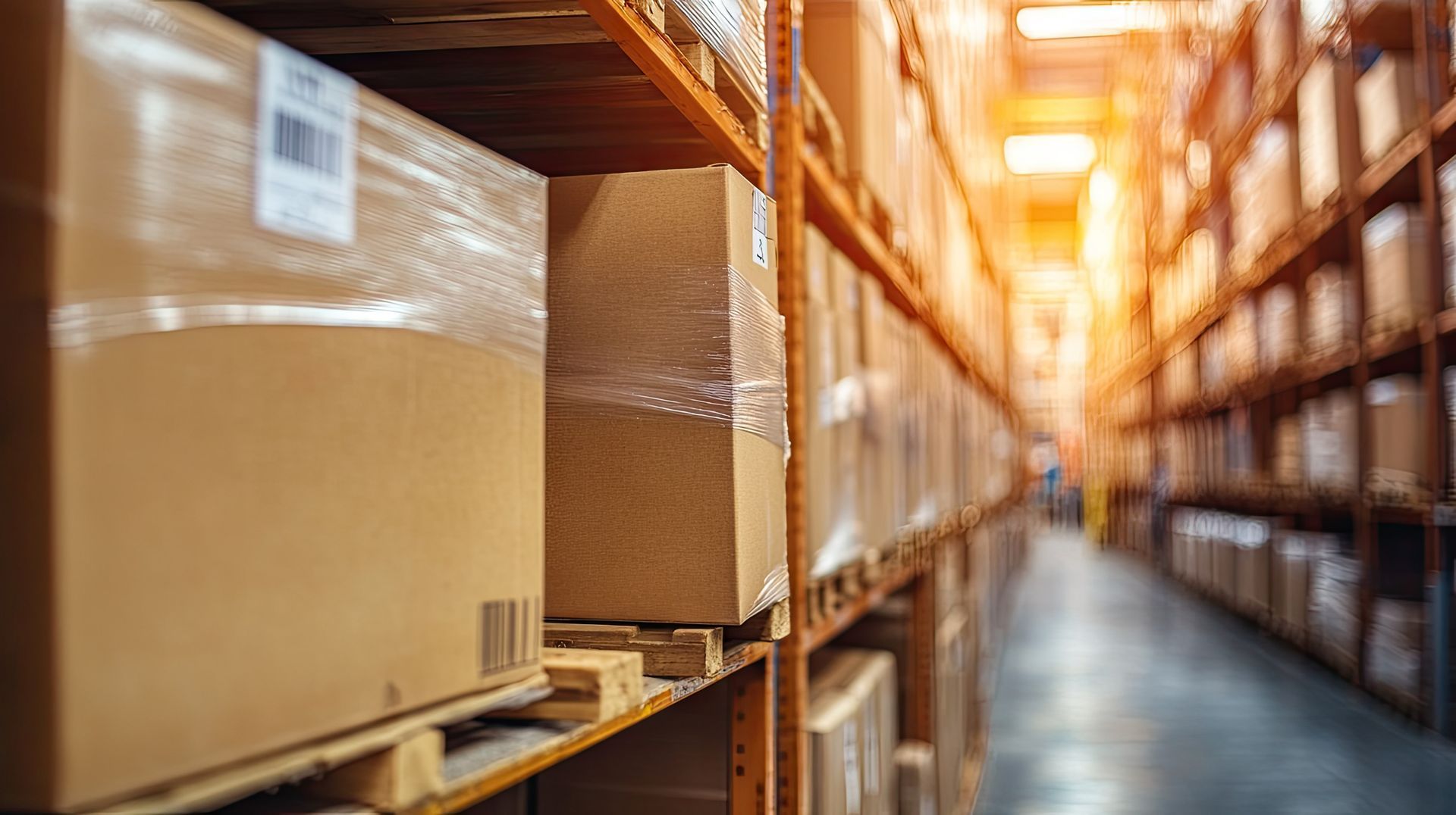 Des cartons empilés sur des étagères dans un entrepôt, la lumière du soleil au bout de l'allée.
