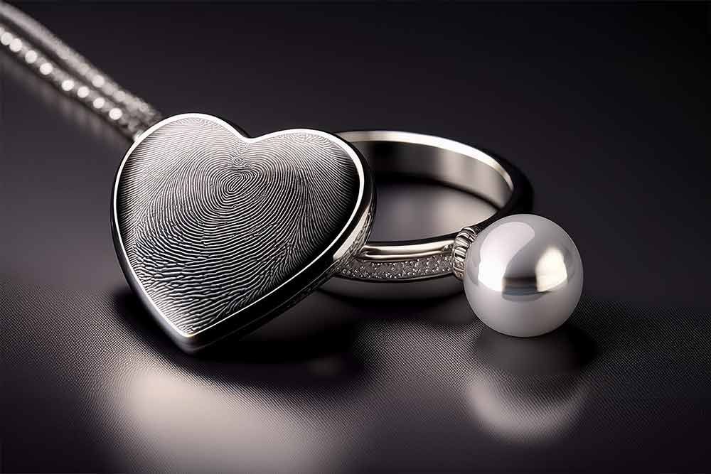Ein herzförmiges Medaillon neben einem Ring und einer Perle