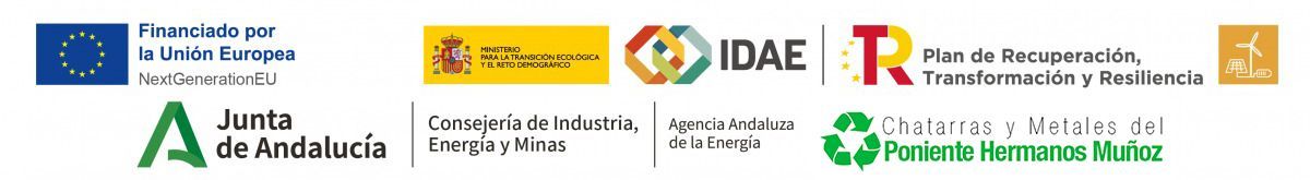 Logos for European Union, Spanish Government, IDAE, Recovery Plan, Junta de Andalucía, and Pizarrone Hermanos Nuñez.
