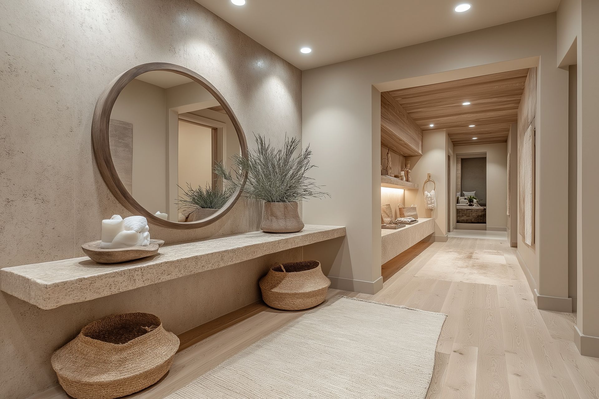 Couloir minimaliste et chaleureux avec miroir rond, console en pierre, paniers tressés et éclairage doux