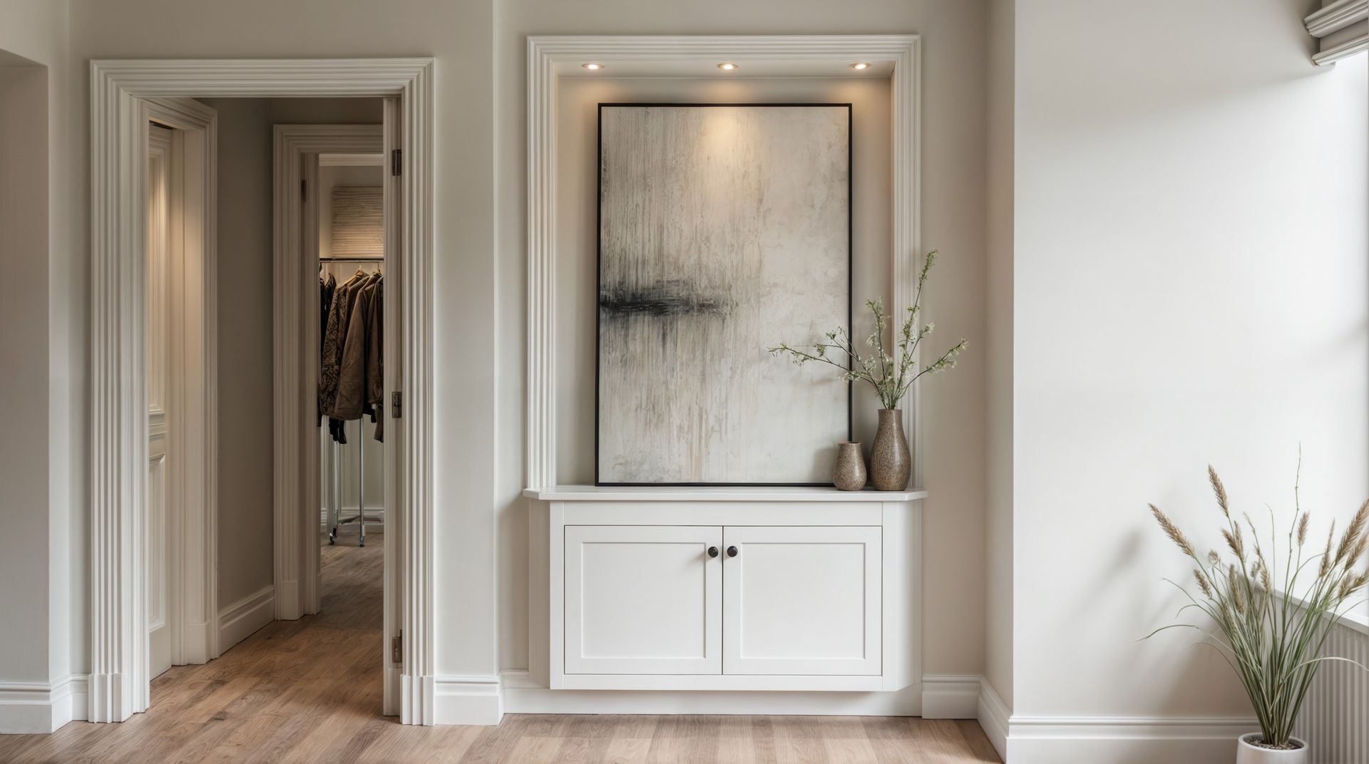 Couloir élégant à la décoration neutre, art abstrait encadré, armoire blanche et placard visible à travers une porte ouverte
