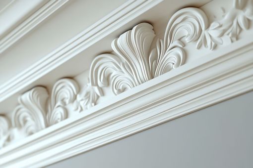 Moulures de plafond blanches ornées de détails décoratifs floraux en plâtre