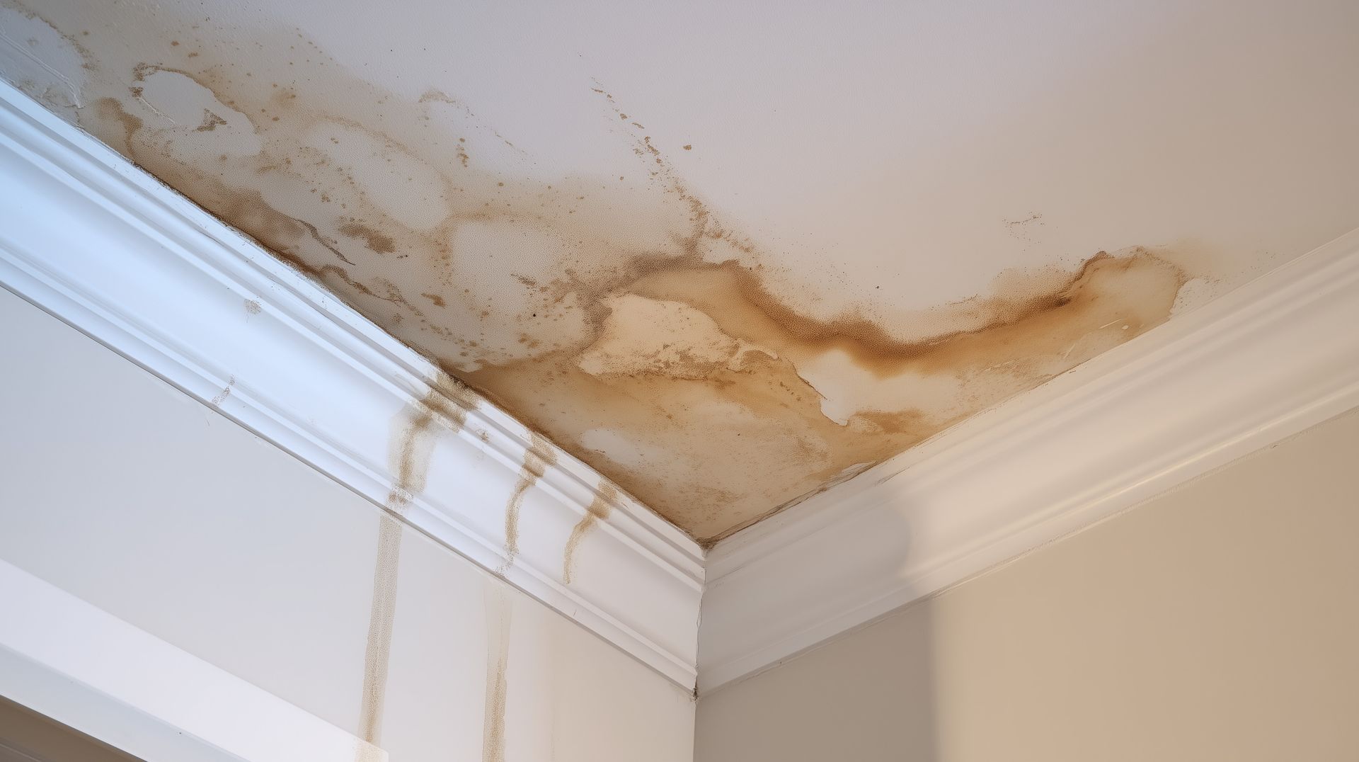 Coin de plafond taché d'eau avec peinture écaillée et décoloration brune au-dessus d'une moulure blanche.