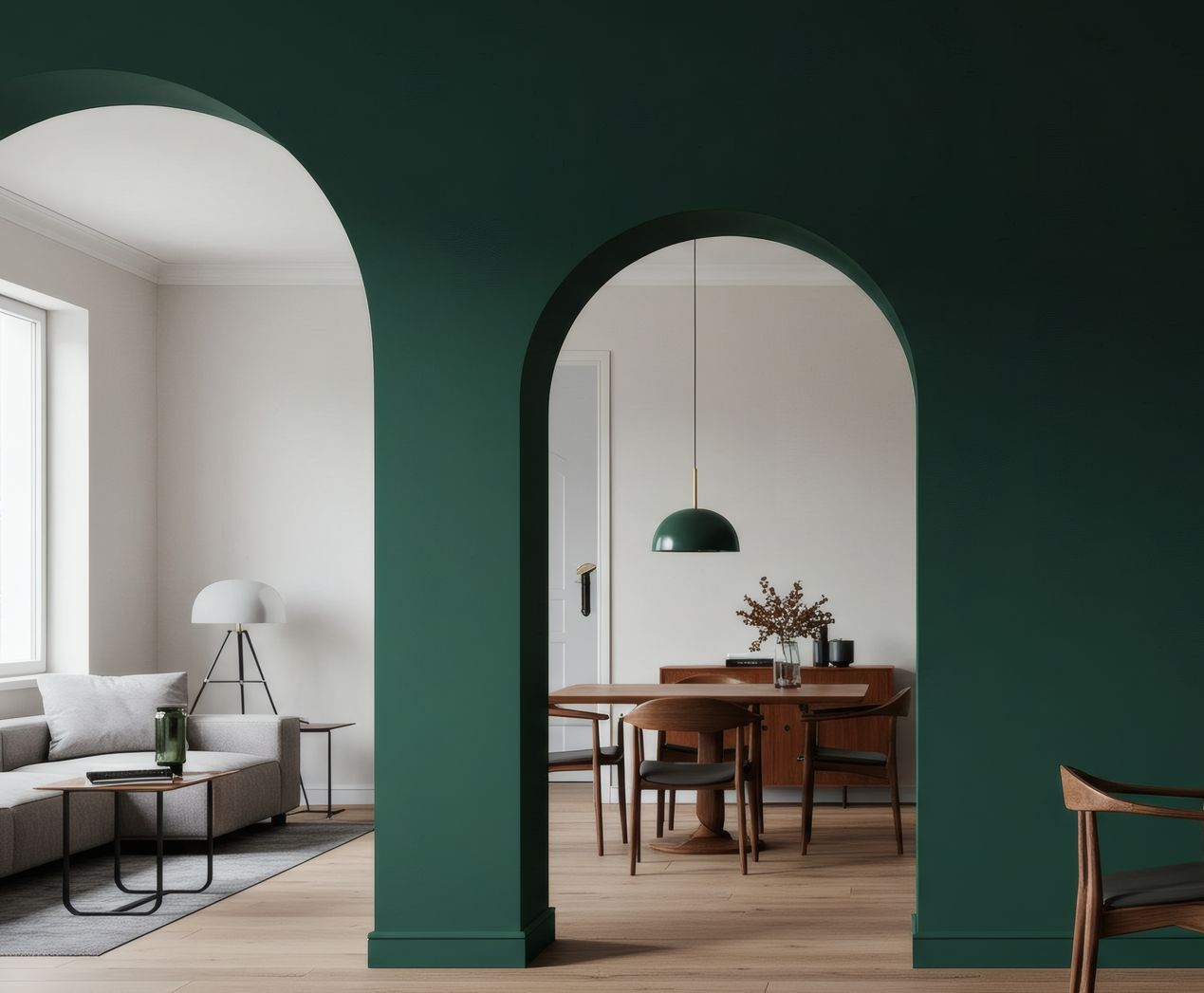 Intérieur moderne avec un mur vert, des portes cintrées, un salon et une salle à manger éclairés par une suspension lumineuse.