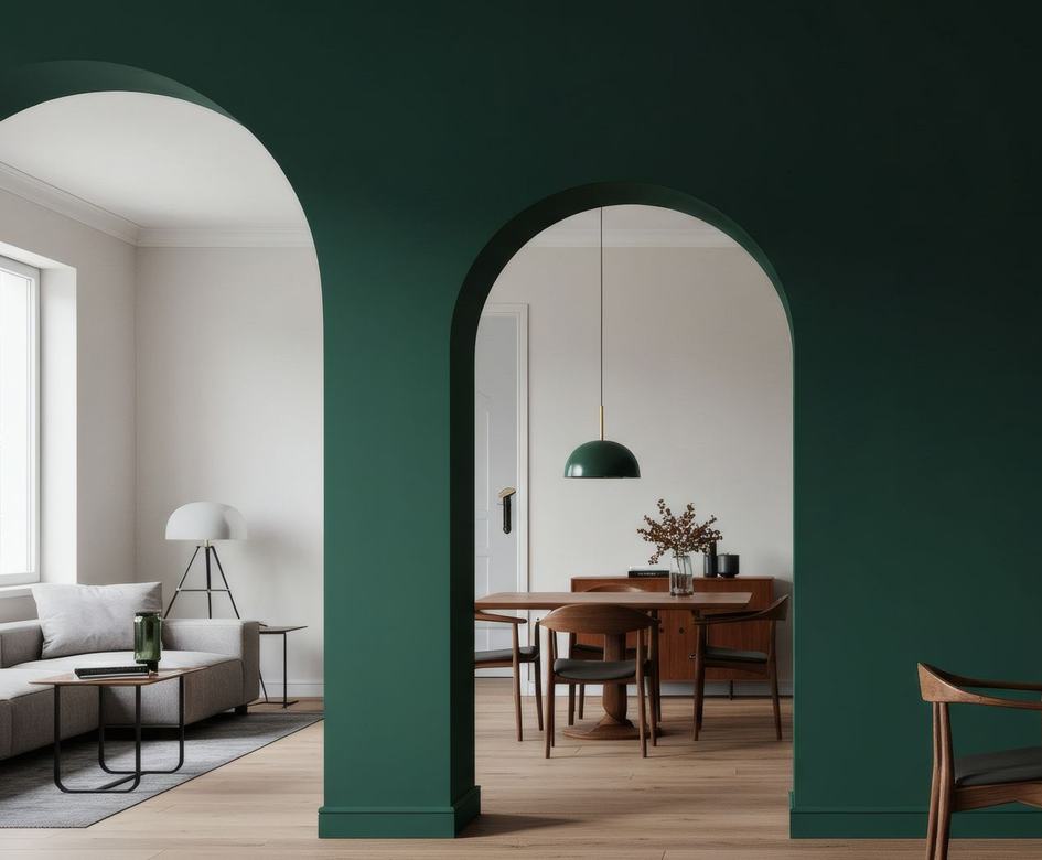 Intérieur moderne avec arches vert foncé, salon lumineux et coin repas avec table en bois et lampe suspendue.
