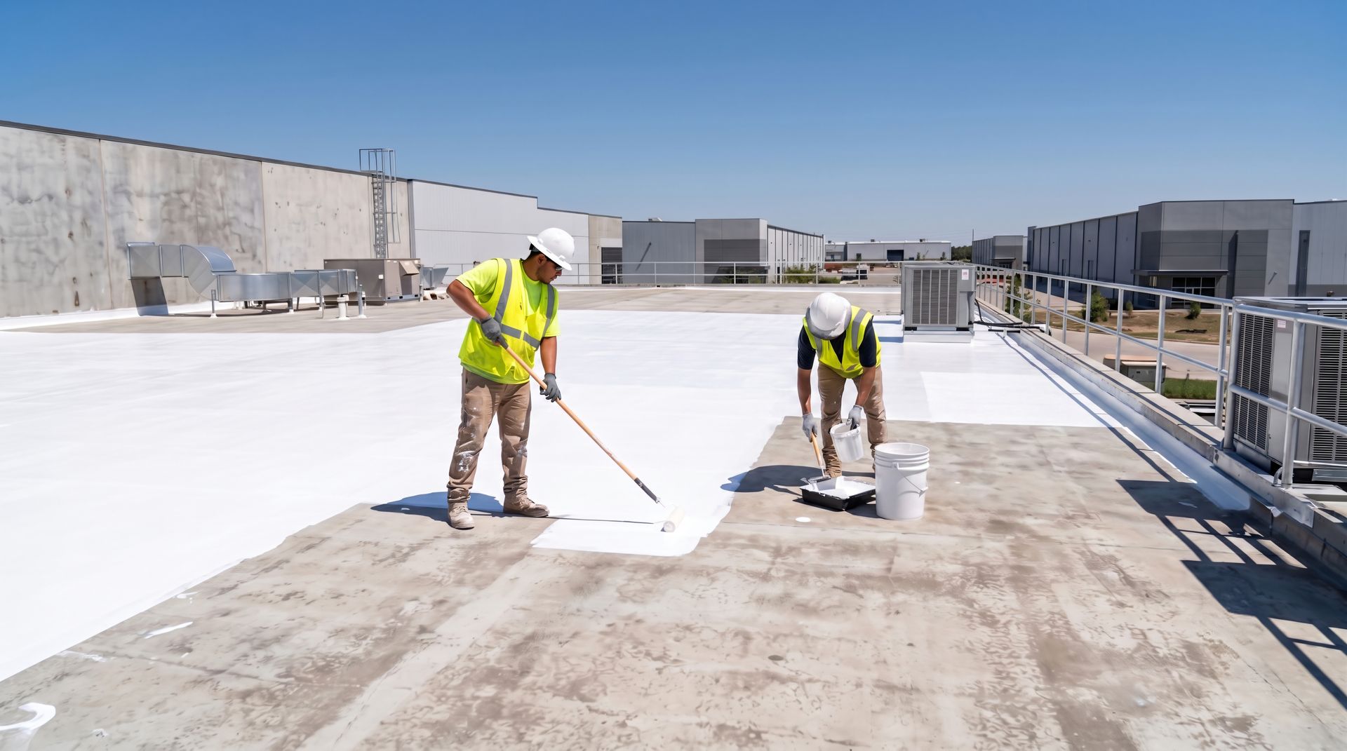 Peindre une moulure extérieure blanche avec un pinceau à manche bleu sur un mur beige