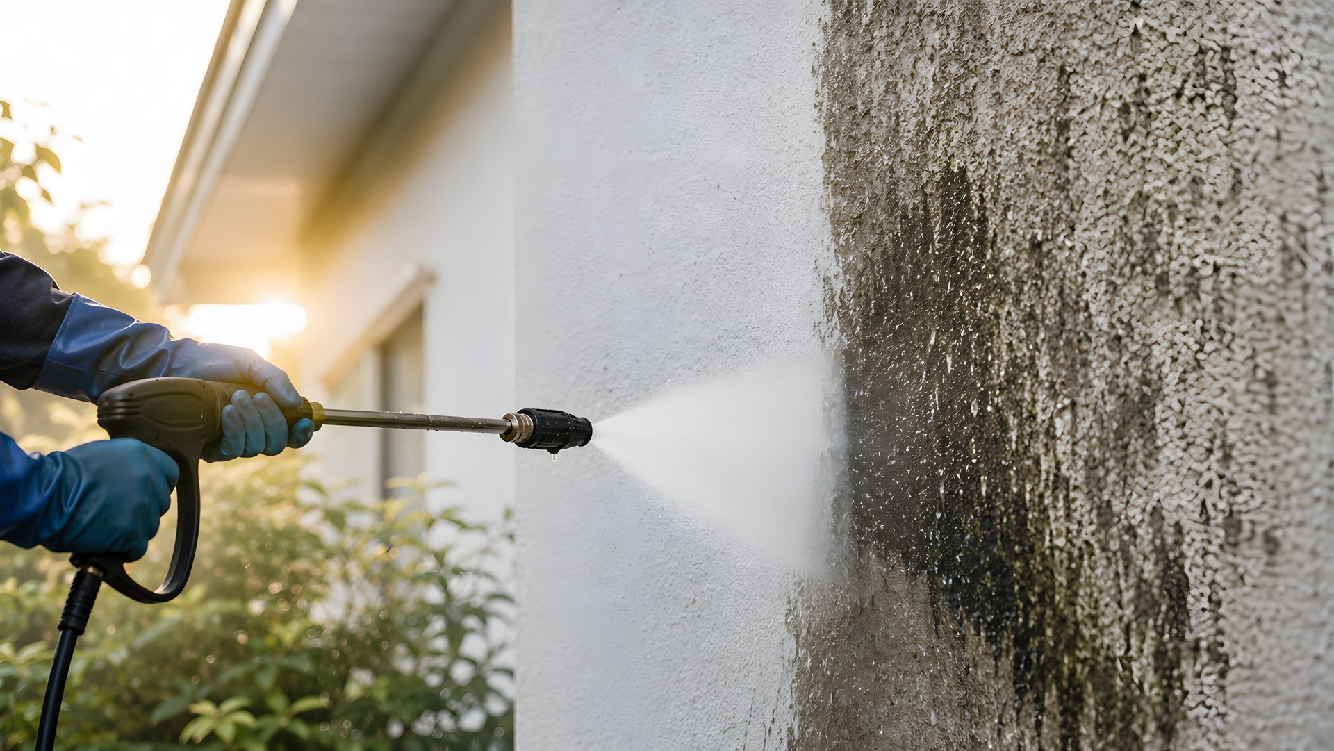 Une personne nettoie à haute pression le mur d'une maison, projetant de l'eau blanche sur une surface extérieure sale.