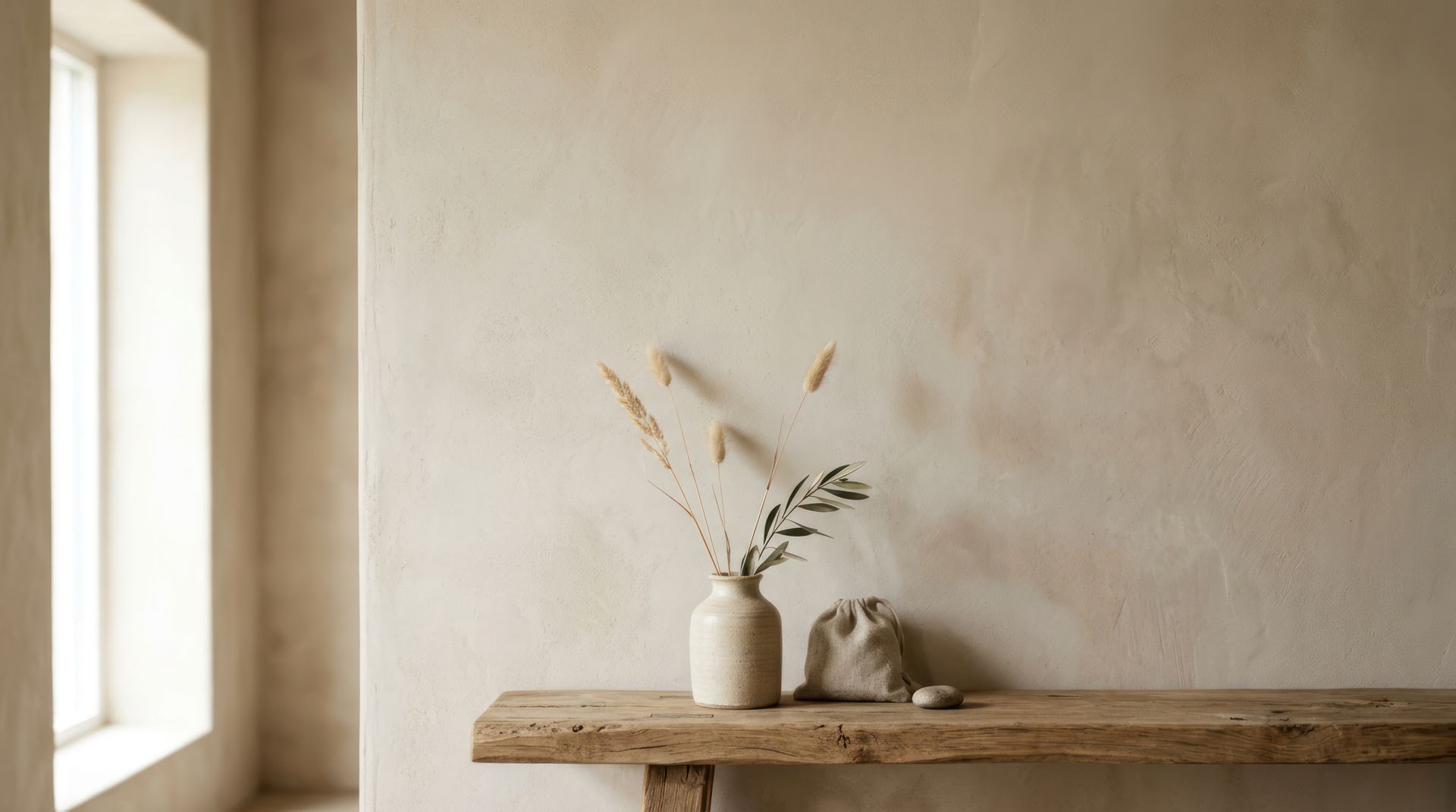 Étagère minimaliste avec un vase blanc contenant des tiges séchées et un petit objet en pierre, adossée à un mur beige.