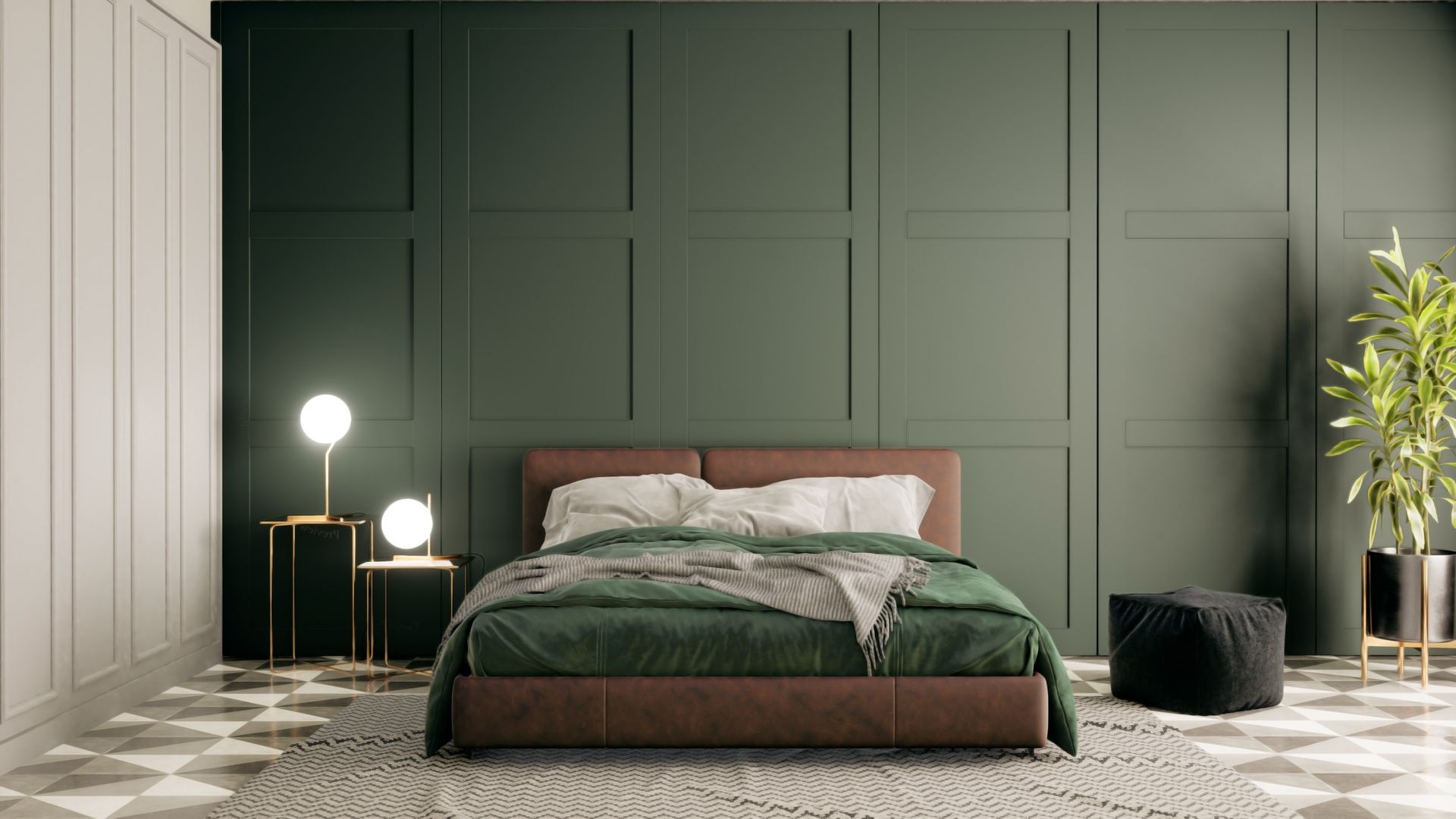 Chambre moderne avec mur lambrissé vert, lit bas, lampes de chevet, tapis et pouf noir.