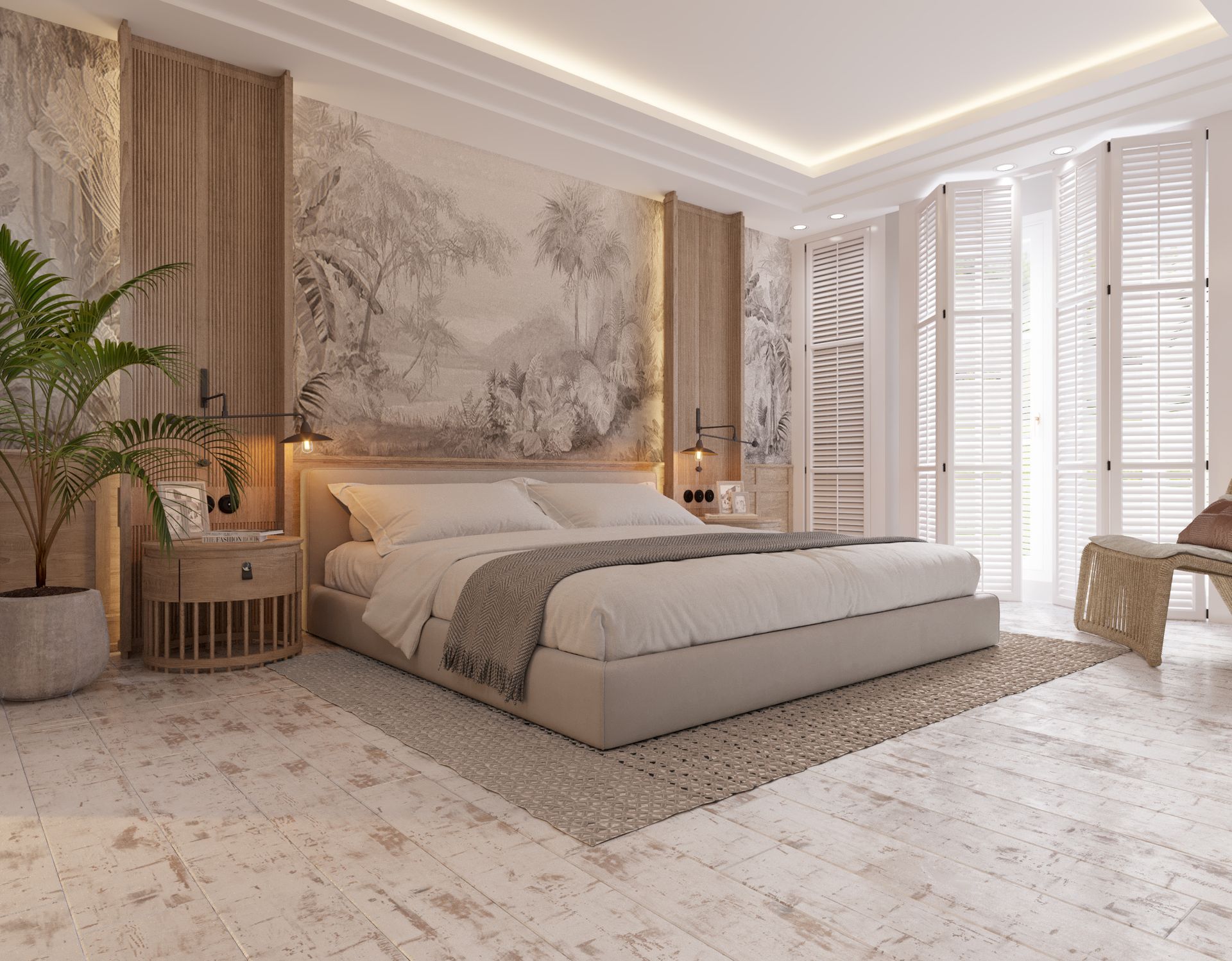 Chambre aux tons beiges avec un lit, des œuvres d'art murales texturées, des éléments en bois et de grandes fenêtres.