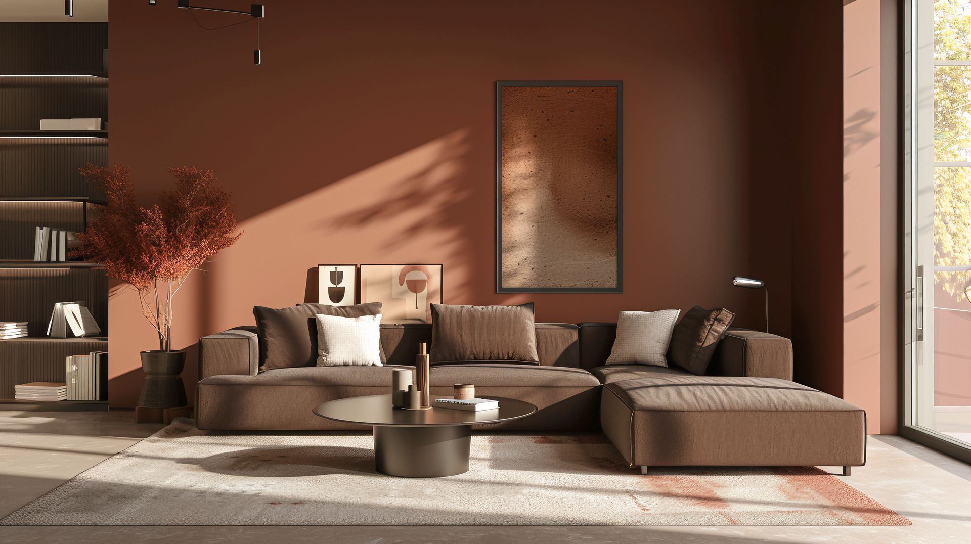 Salon moderne et lumineux avec canapés beiges, murs couleur terre cuite et une grande fenêtre à côté d'une table basse ronde