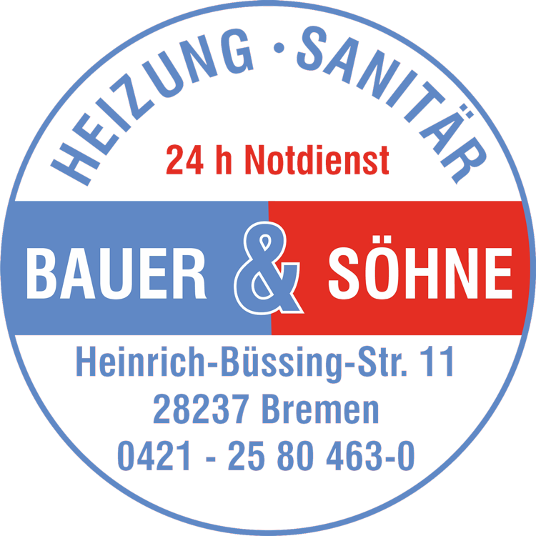 Logo für Bauer & Söhne, Heizungs- und Sanitärservice. Enthält Kontaktinformationen und einen 24-Stunden-Notdienst.