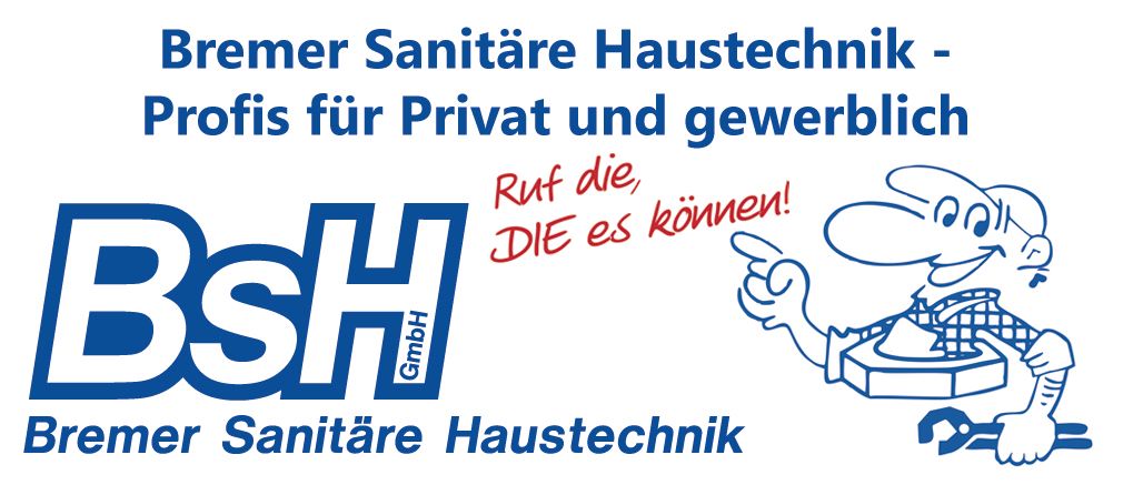 Logo für Bremer Sanitäre Haustechnik mit einem gezeichneten Klempner, der zeigt, und dem Text „Rufen Sie an, die können das!“