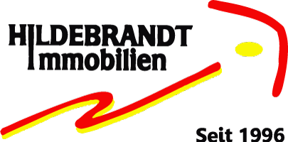 Logo für Hildebrandt Immobilien mit schwarzem Text, einem rot-gelben geschwungenen Design und der Aufschrift „Seit 1996“.
