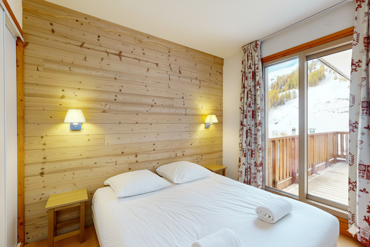 Bedroom with wooden wall, double bed, balcony with snowy view, floral curtains.