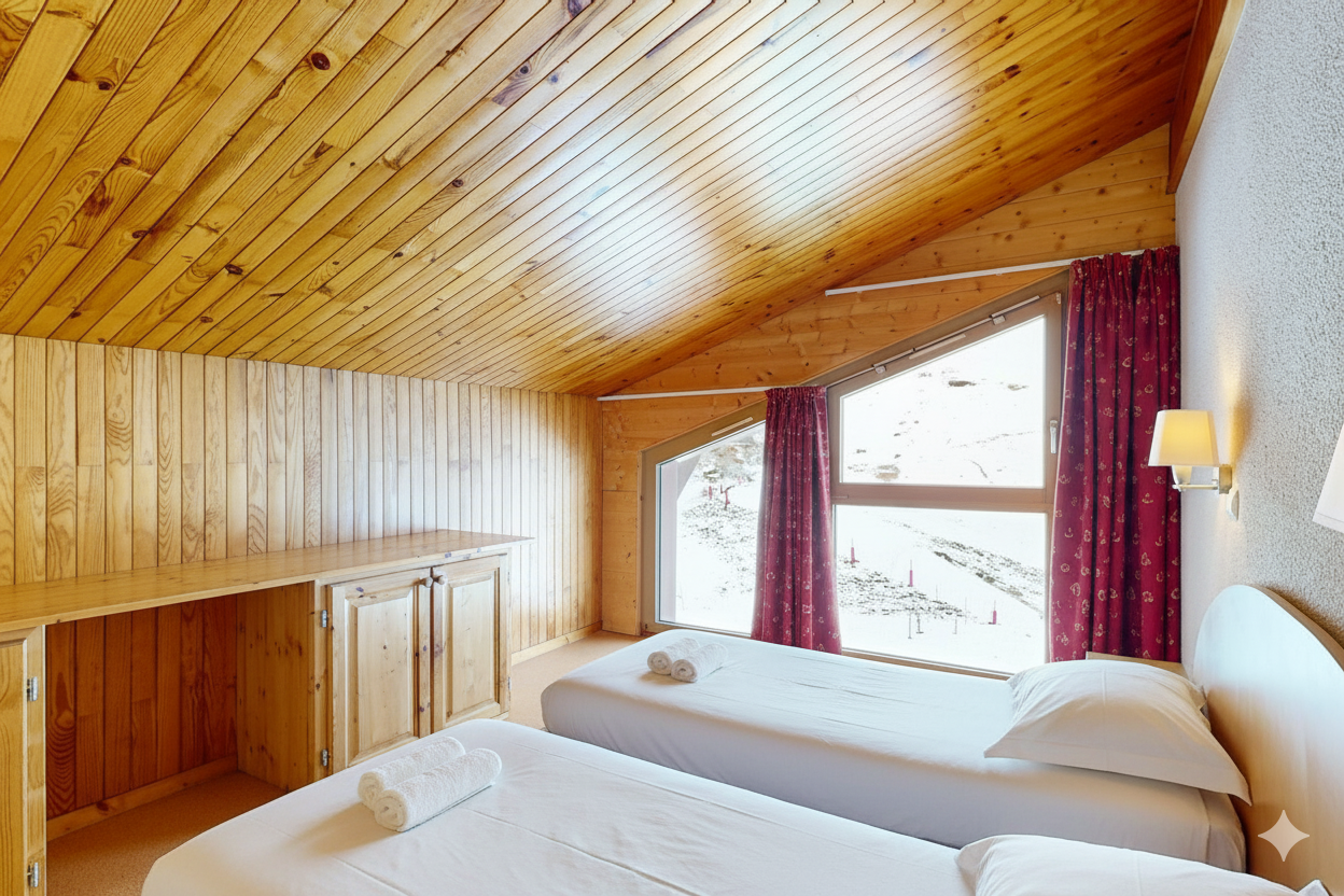 Bedroom with twin beds, wooden walls and ceiling, window with mountain view.