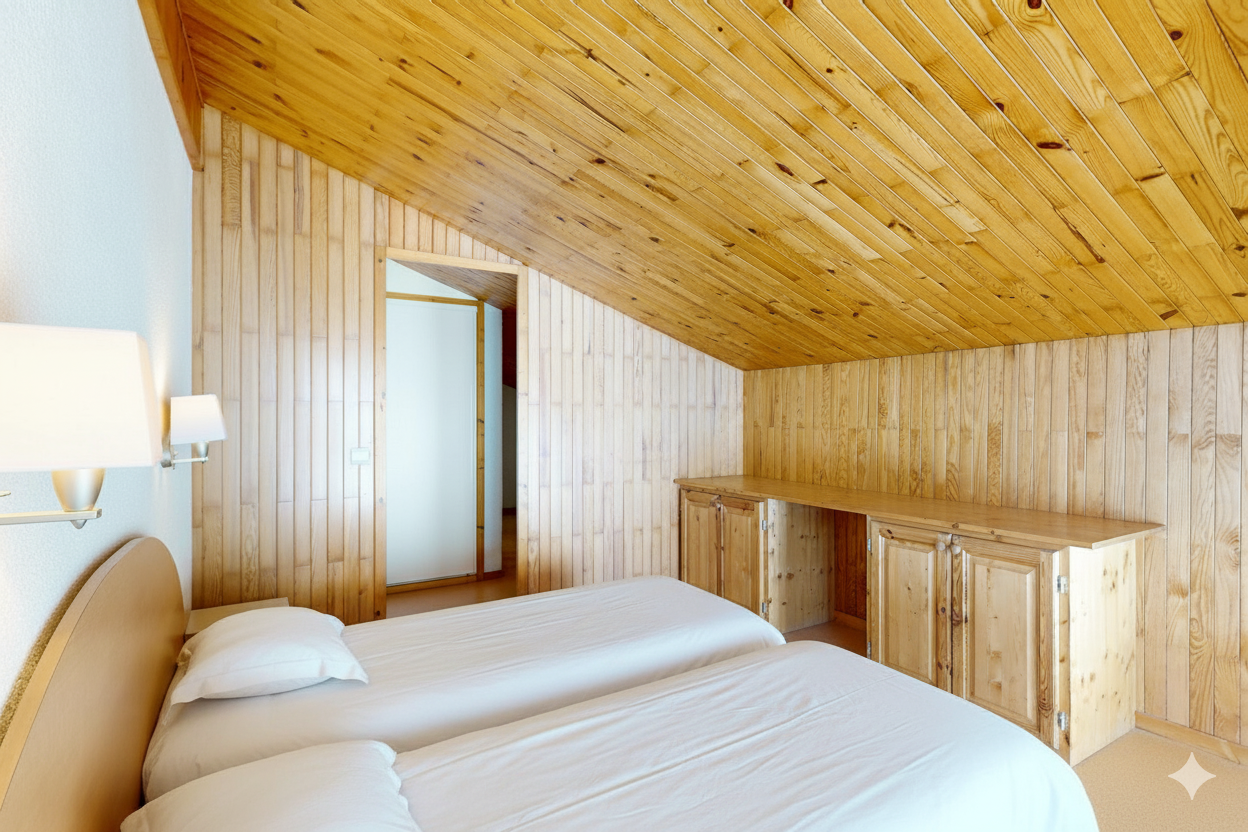 Bedroom with twin beds, wooden walls and ceiling, and a desk.