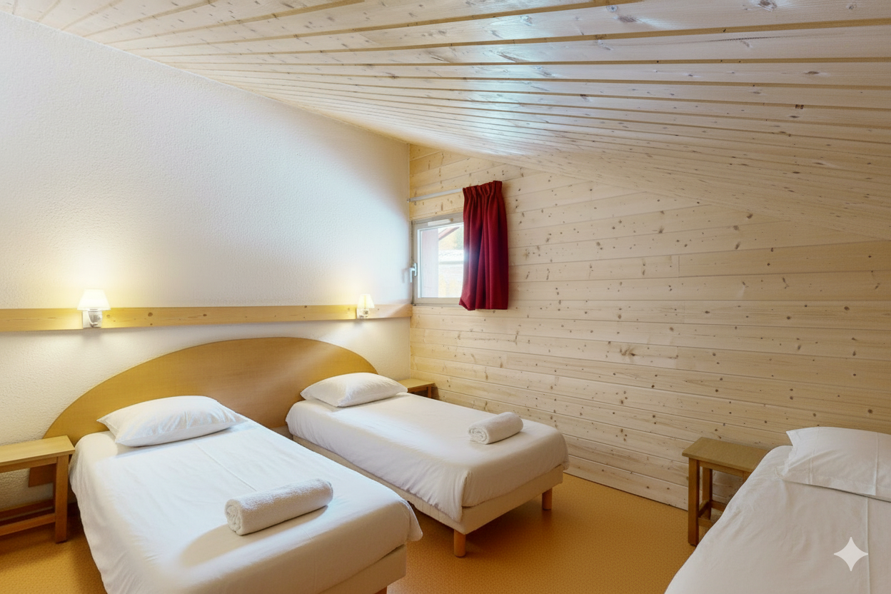 Bedroom with three single beds, wood paneling, sloped ceiling, and small window with red curtain.