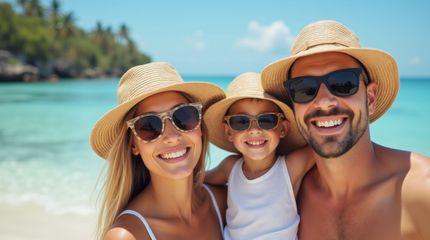 Une famille sur une plage avec des lunettes de soleil