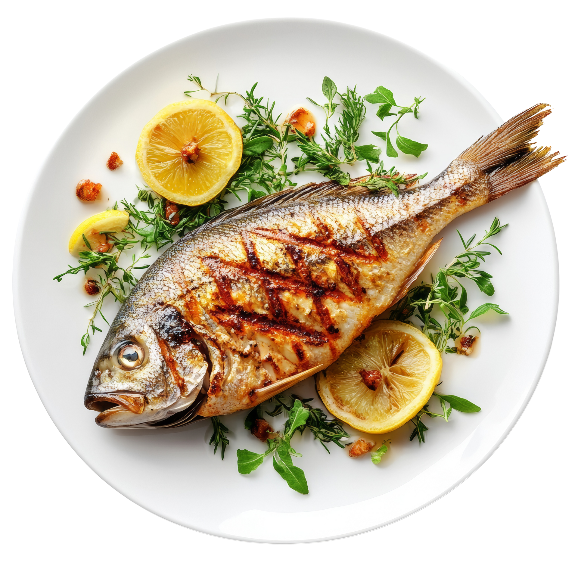 Assiette avec un poisson grillé et des herbes autour