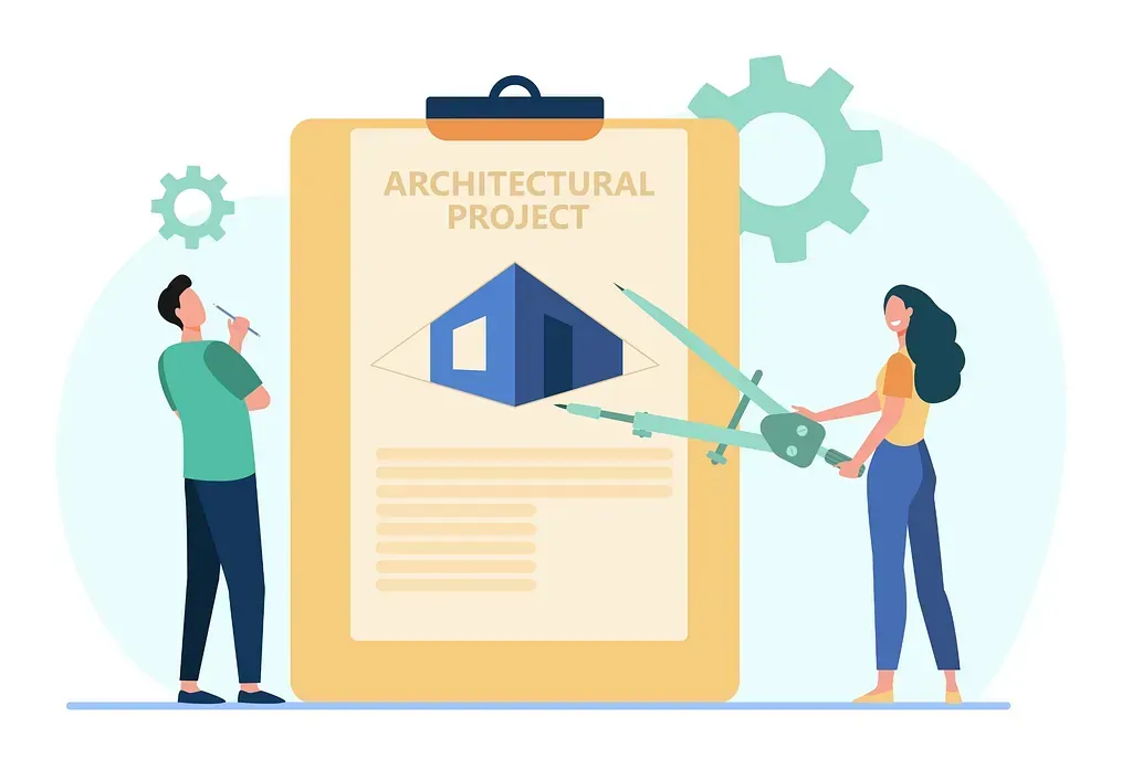 Un hombre y una mujer están trabajando en un proyecto arquitectónico.