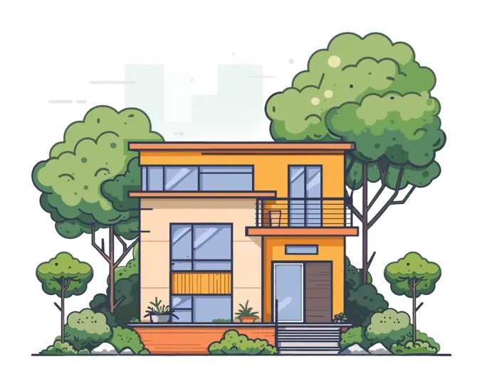 Una ilustración de dibujos animados de una casa moderna con árboles delante de ella.