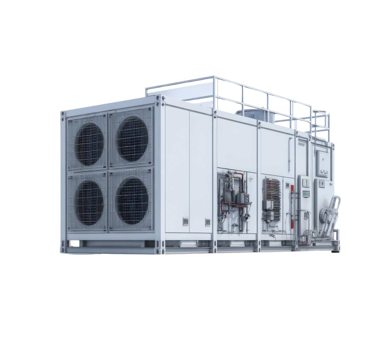 Unité industrielle blanche avec plusieurs ventilateurs et tuyaux.