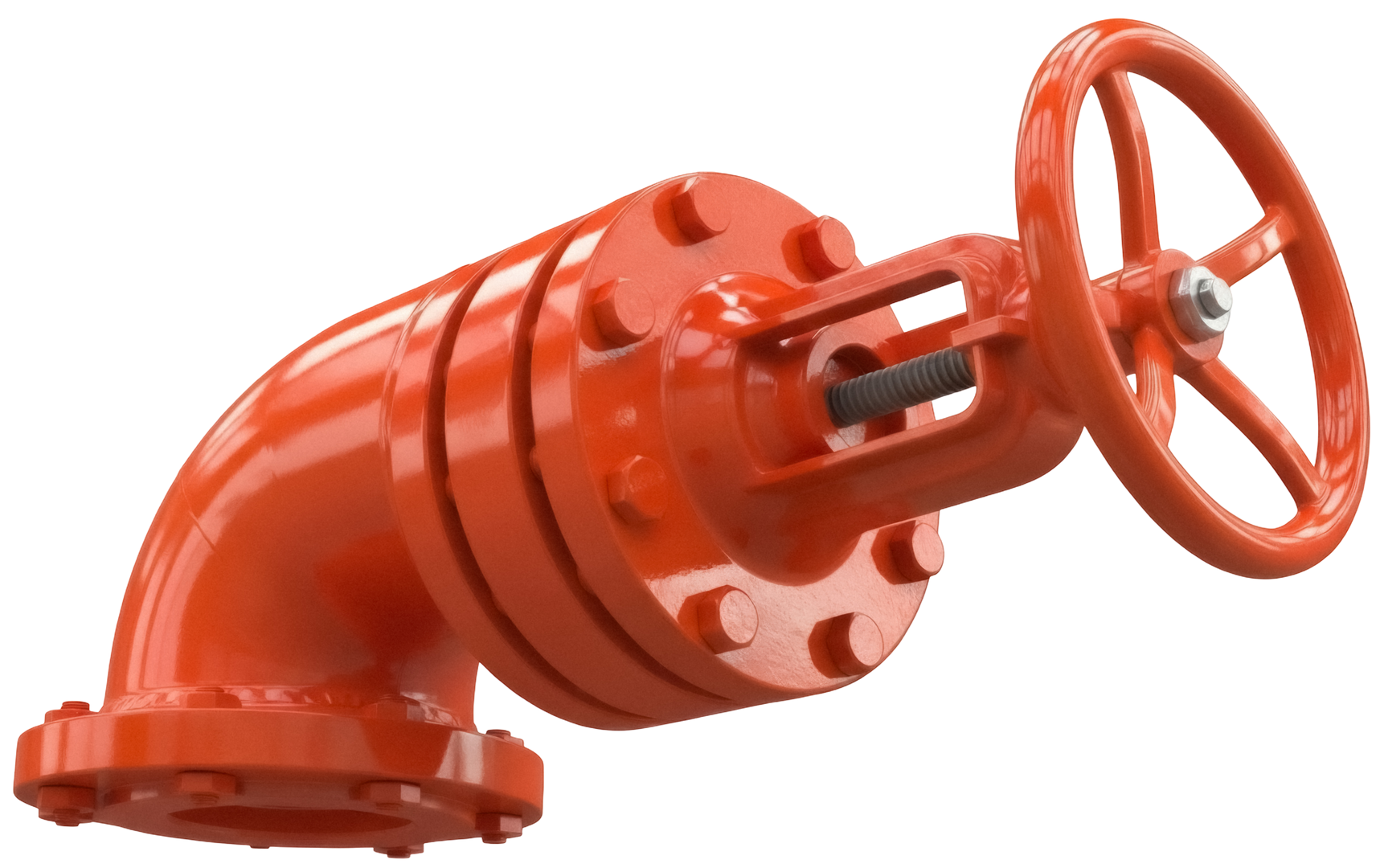 Coude de tuyau industriel rouge avec vanne et roue.