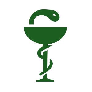 Un símbolo de farmacia verde con una serpiente y una taza.