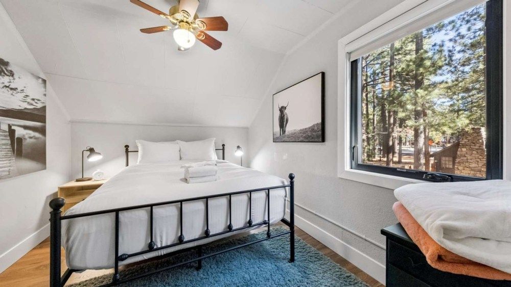Bright bedroom with white bed, blue rug, ceiling fan, and large window overlooking trees
