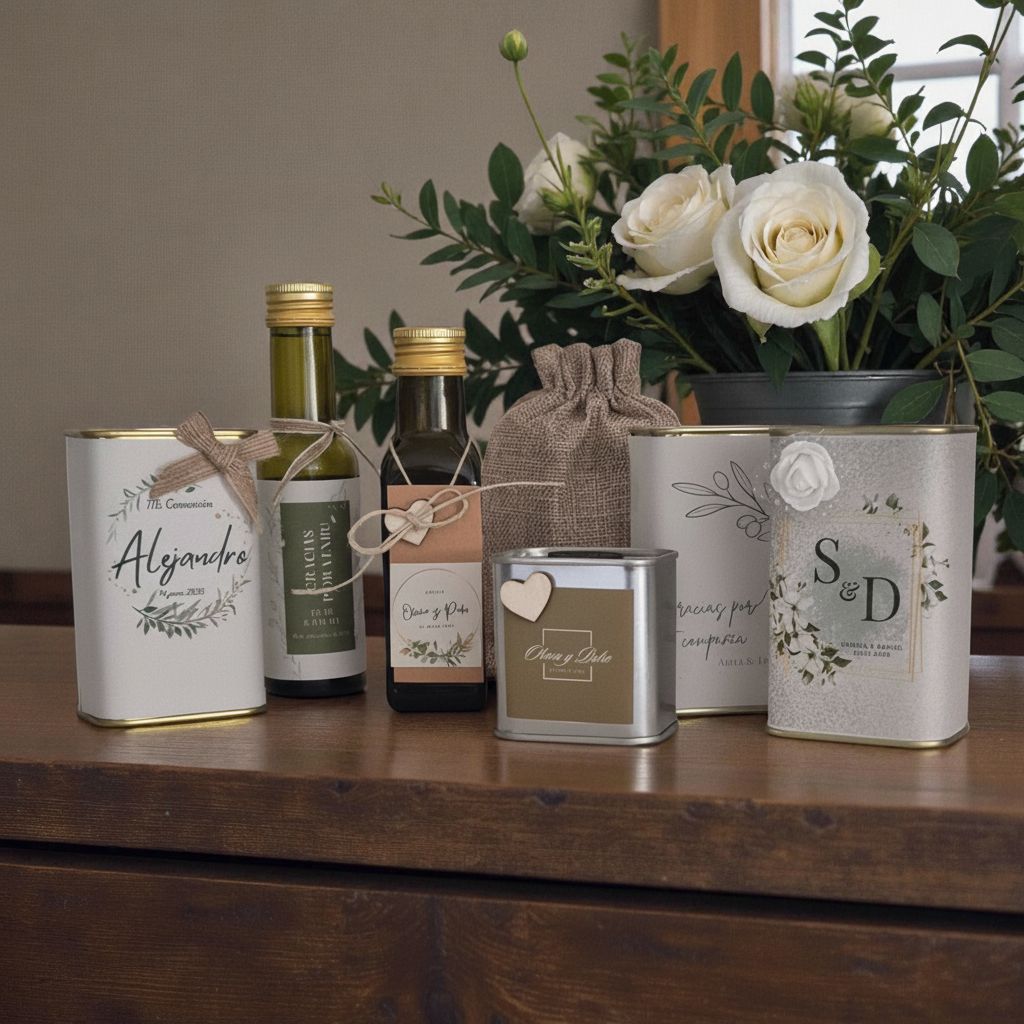 Expositor de sobremesa con botellas y latas de aceite de oliva, arreglo floral, superficie de madera.