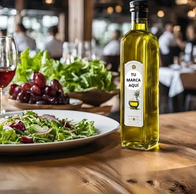 Botella de aceite de oliva sobre una mesa con ensalada, uvas y vino en un entorno de restaurante.