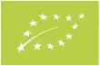 Etiqueta de alimento ecológico con 12 estrellas en forma de hoja, en color blanco, sobre fondo verde.