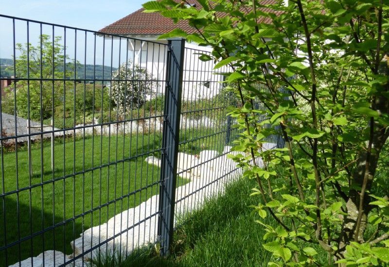 Ein Zaun umgibt einen üppig grünen Garten vor einem Haus.