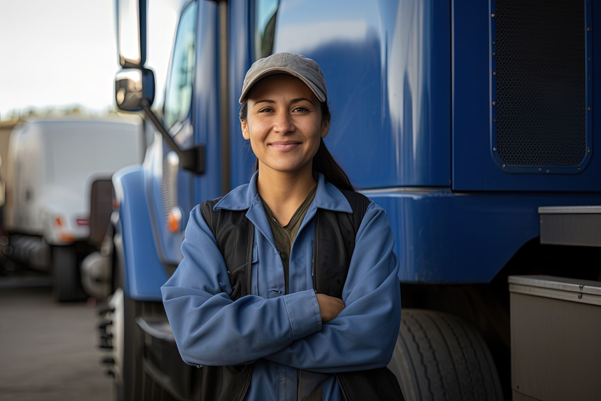 Camionneuse les bras croisés, souriante